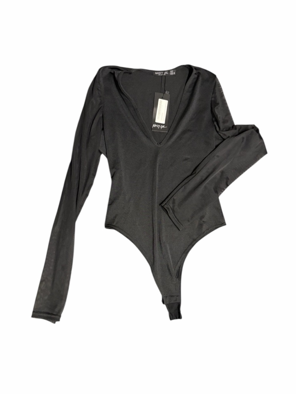 Nasty Gal Black Long Sleeve V-Neck Bodysuit Fitted Stretch Size 8